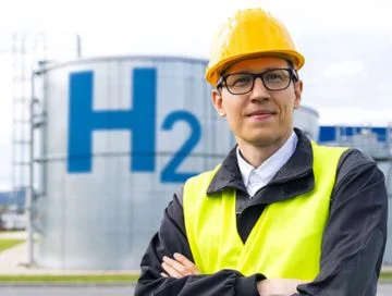 Ingeniero con casco en un fondo de la fábrica de hidrógeno.