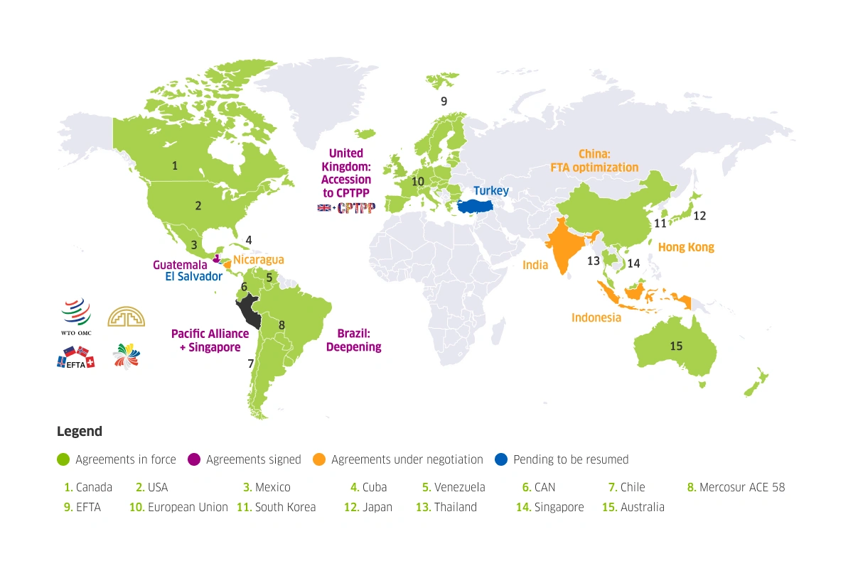 World map of free trade agreements with Peru