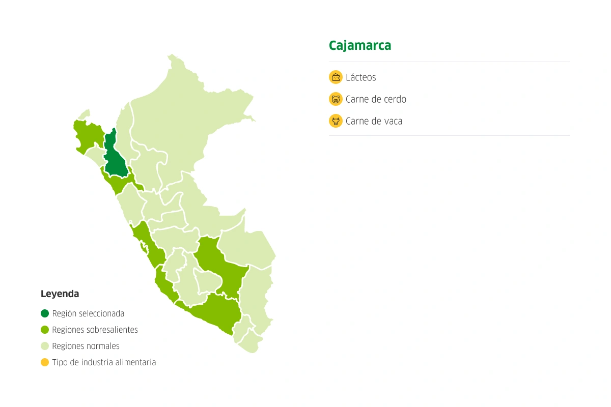 Mapa del Perú con potencialidades de producción de Cajamarca