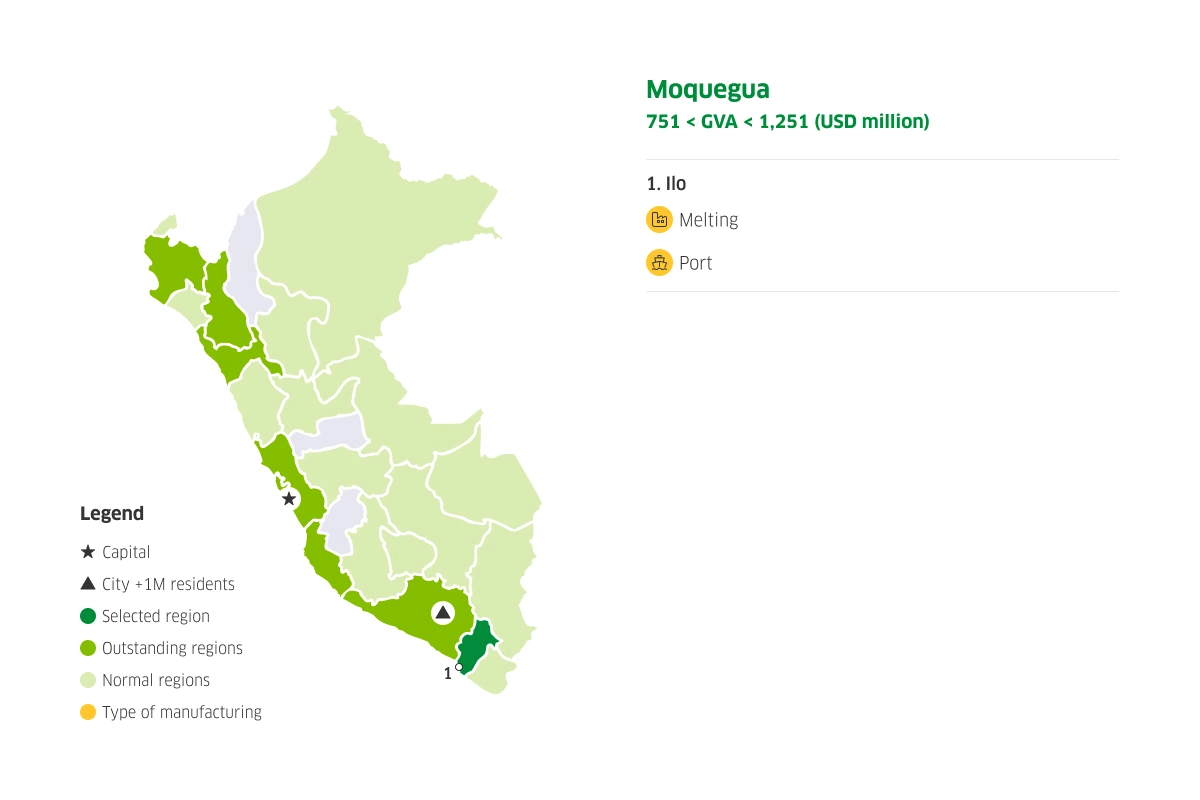 Map of Peru with diverse manufacturing potentialities in Moquegua