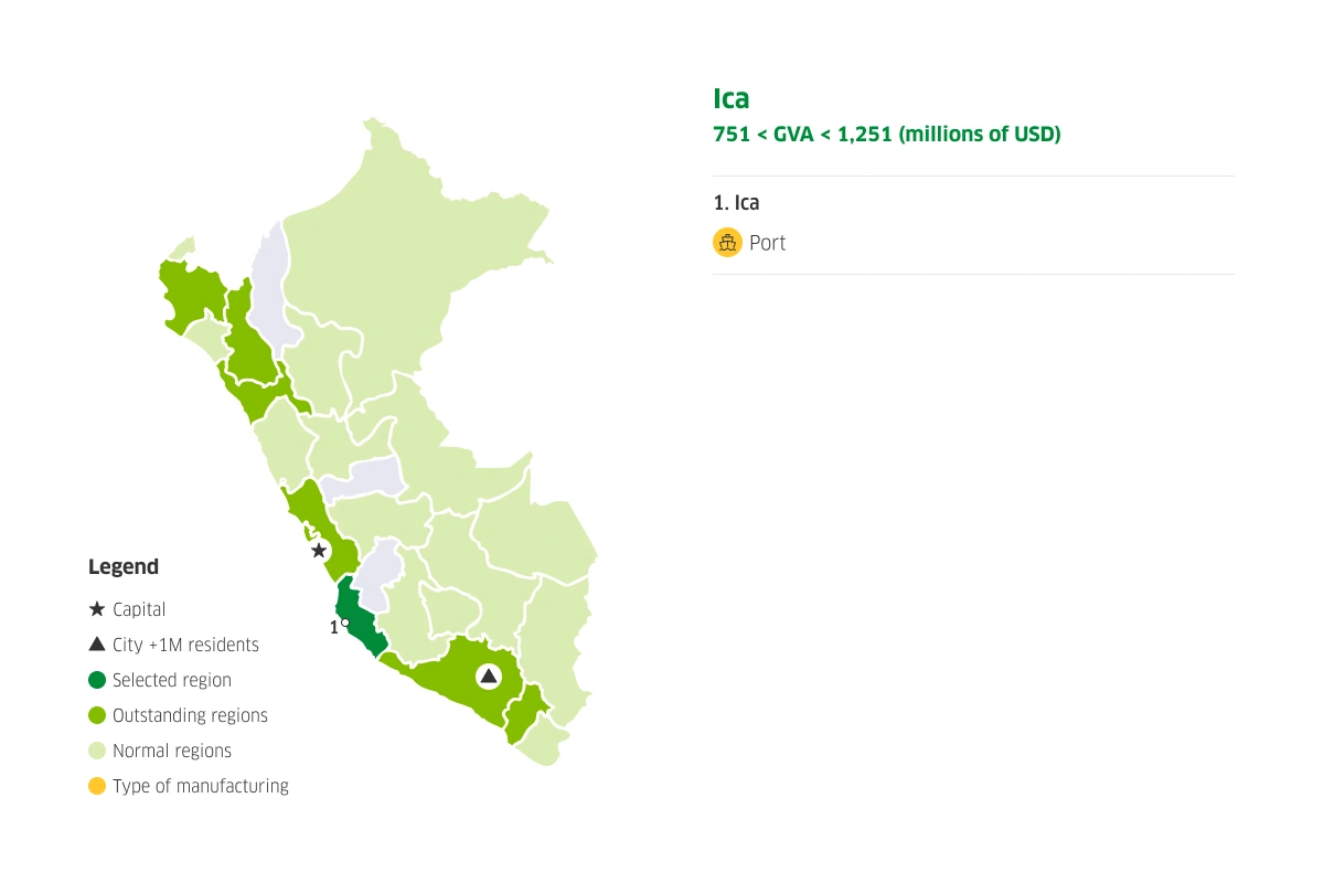 Map of Peru with the potentialities in diverse manufacturing in Ica