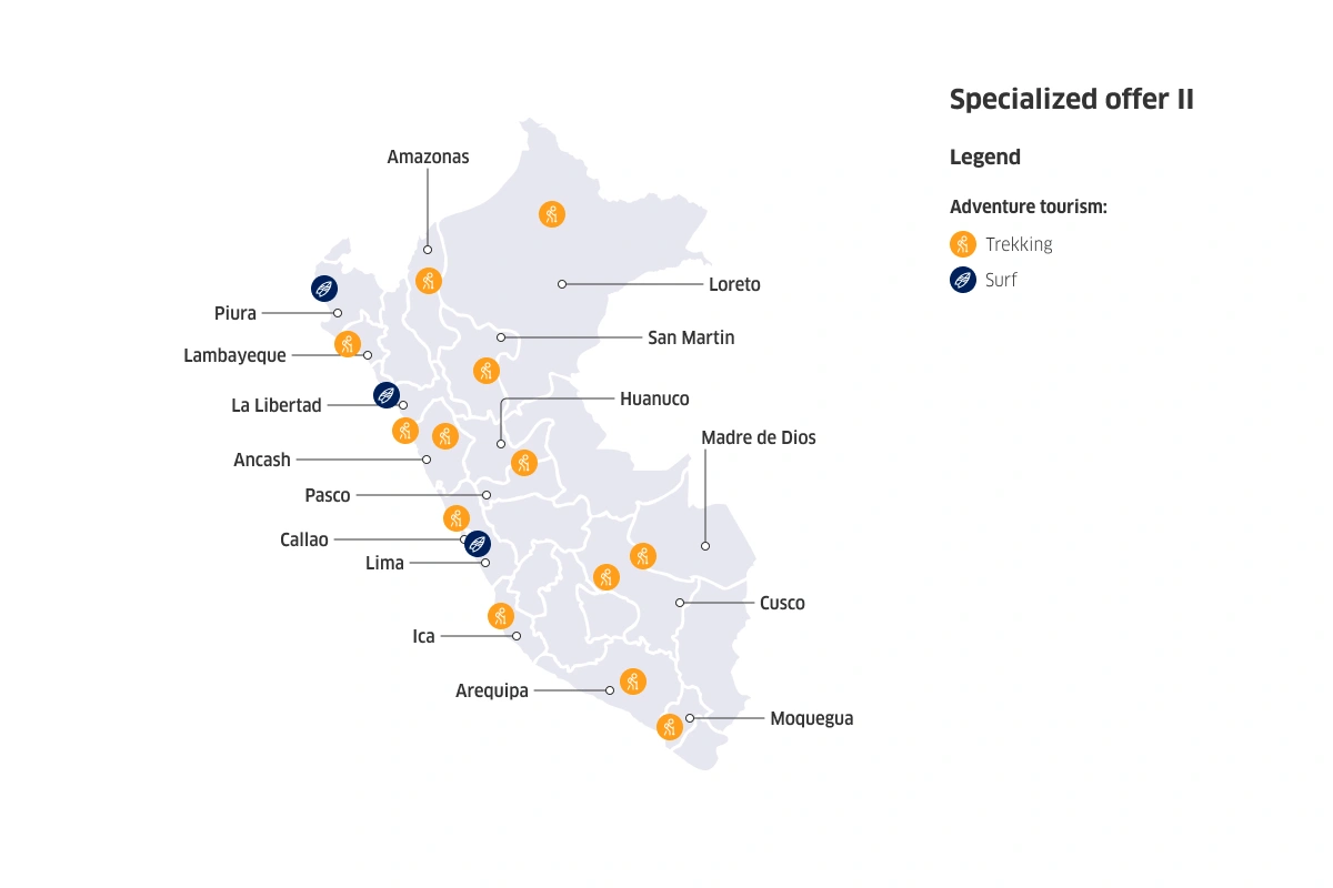 Map of Peru with offers specialized in adventure tourism