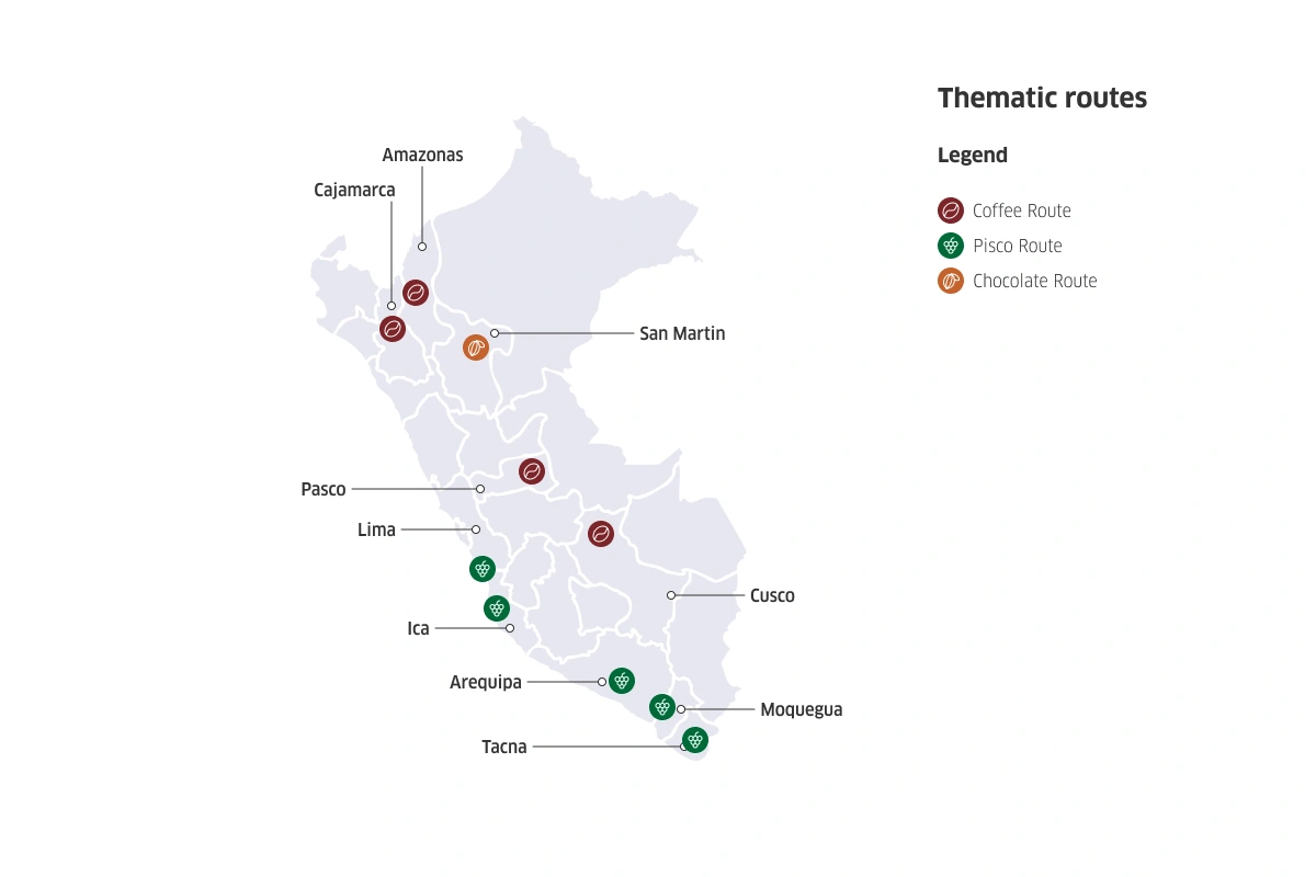 Map of Peru with the Coffee, Pisco and Cacao Routes